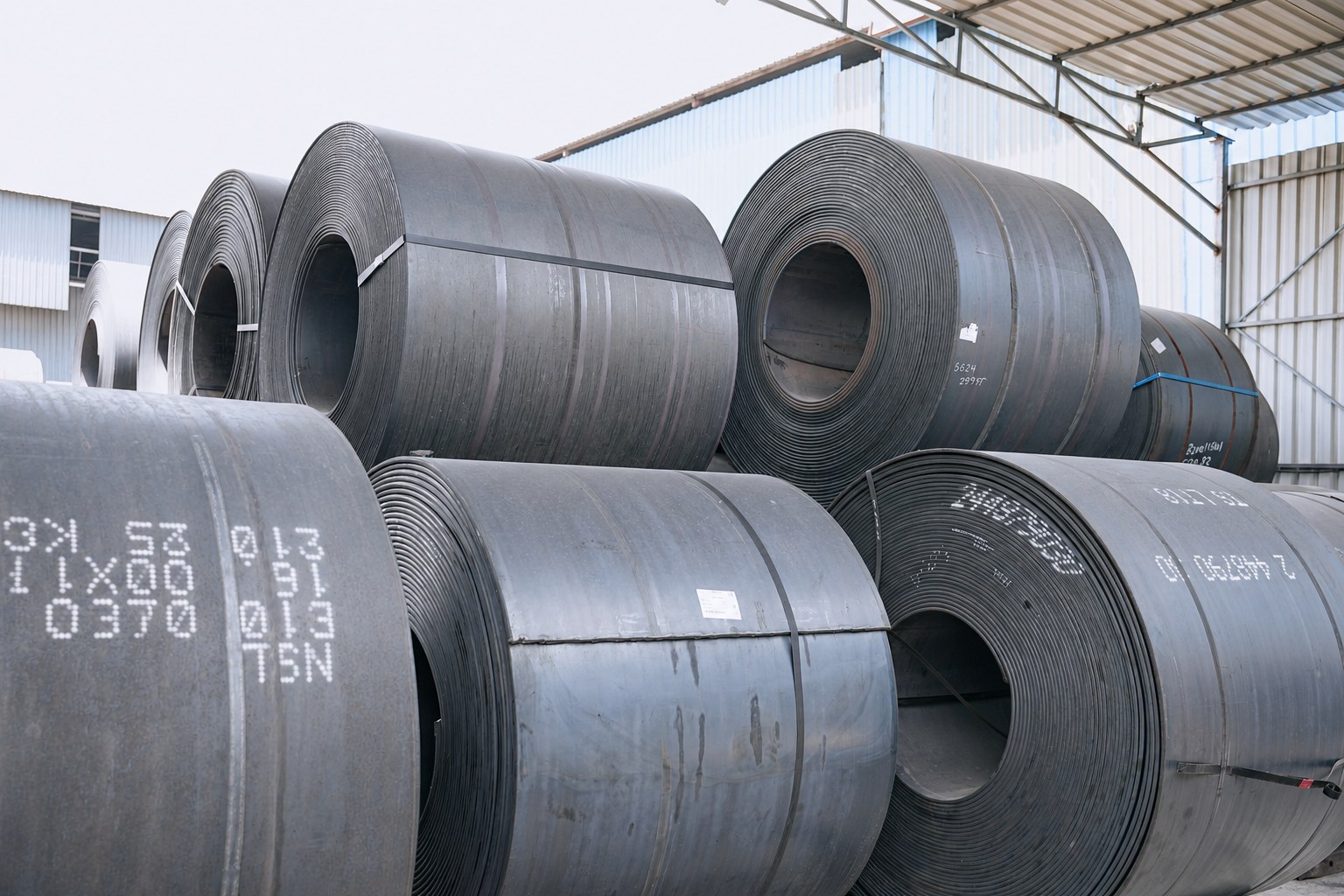 Hot-rolled steel coils and stacked HR plates at the HST Steels facility in Hyderabad