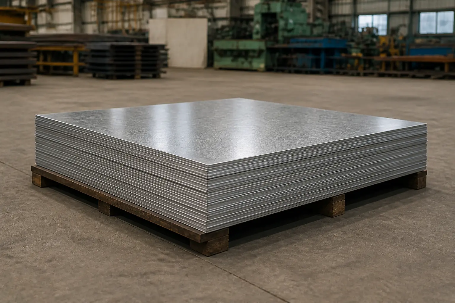 Stack of cut-to-length galvanized plain (GP) steel sheets at HST Steels