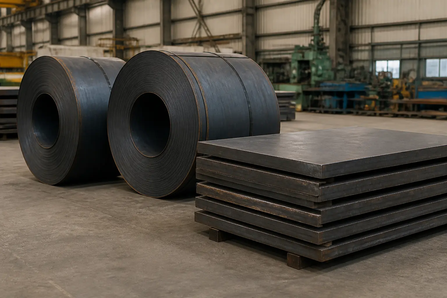 Hot-rolled steel coils and stacked HR plates at the HST Steels facility in Hyderabad