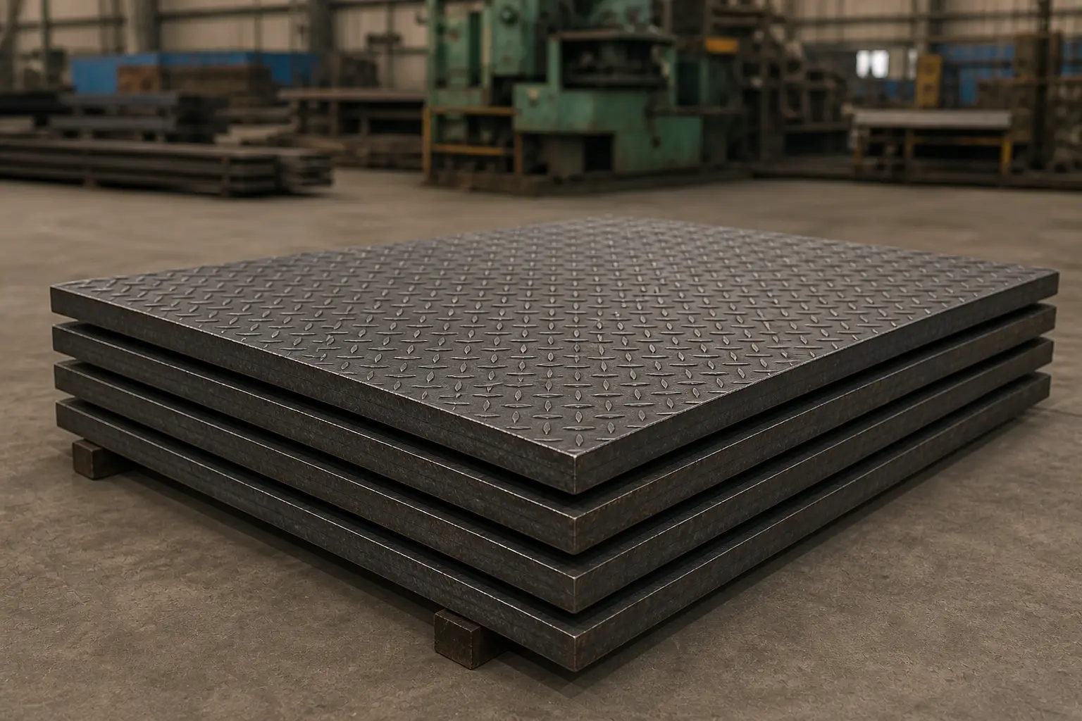 Stack of MS chequered plates with diamond tread pattern at the HST Steels facility